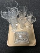 A tray of six glass vases including a pair of Edinburgh crystal vases,
