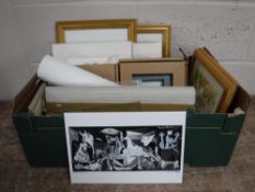 A box of framed and unframed prints, ceramic Picasso style tile,