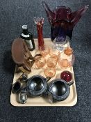 A tray of decanter and glass, plated Sheffield sugar basin, cruet set,