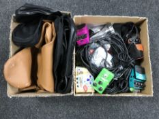 Two boxes of guitar cases, leads, Behringer compressor sustainers,