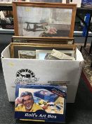 A box of assorted framed prints, needle works,