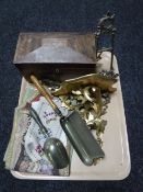 A tray of Regency mahogany tea caddy, tapestry wall hangings, gilt wood shelf,