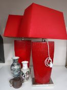 Two large contemporary red table lamps with shades together with two Oriental style vases and
