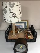 A tray and crate of boxed cutlery, prints, cameras, Deco table lamp with shade,
