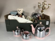 A box of Art Deco style candelabrum, Ringtons ware, mid twentieth century four piece tea service,