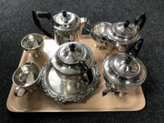 Two plated tea services and a silver plated card tray