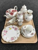 A tray of Coalport The Caughley Mask head jugs, Paragon teapot, Minton lidded vase,