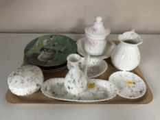 A tray of four collector's plates, five pieces of Wedgwood Campion china and bone china lidded pot,