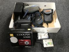 A box of vintage and later cameras including Hawke eye,