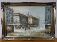 A gilt framed oil on canvas - street scene,