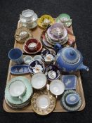 Two trays of decorative tea cups, saucers, wall plates,