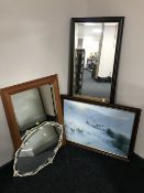 A mahogany framed mirror, pine framed mirror, cream and gilt mirror,