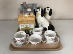 A tray of Royal Crown Derby posies pair of tea cups with saucers, matching milk jug and sugar basin,