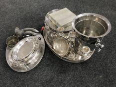 A quantity of stainless steel and plated ware, gallery tray, baskets, entree dishes,