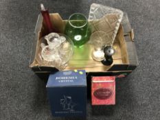 A box of Bohemian crystal, glass comports, trinket tray,