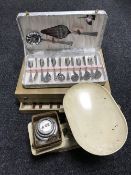 A set of vintage Harper enamel scales with weights together with a boxed china teaset,