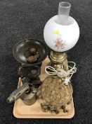 A tray of vintage brass blow torch, kitchen scales and weights, trivet,