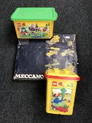 A boxed Meccano construction set together with two plastic tubs containing Lego and Lego Duplo