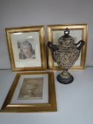 A classical style lidded pottery urn together with three gilt framed prints
