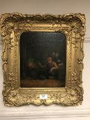 After Teniers (19th century), three figures by a fire, oil on board, 29 cm x 24 cm, framed.