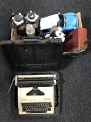 An Olympia Carina II cased typewriter together with a box of Roberts radio, Mickey mouse telephone,