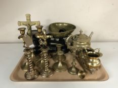 A tray of assorted brass, candlesticks, crucifix, Salter scales,