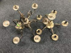 Two brass six way chandeliers