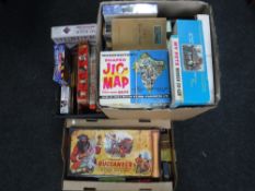 Three boxes of vintage board games including Waddingston Buccaneer, Escape from Colditz, jigsaws,