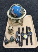 A tray of gemstone globe, three metal Little Gems figures, Gentleman's wrist watches, necklace,