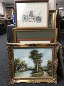 Eleven assorted pictures and prints including a gilt framed oil on canvas - Cottage by a pond etc