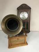 A mahogany cased wall clock with silvered dial together with a reproduction table topped classic