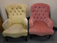 A pink button dralon lady's chair and a yellow button dralon lady's chair