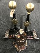 A pair of antique fire dogs together with a Knight companion set and fire front