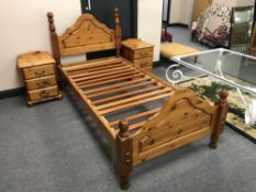 A 3' pine bed frame and a pair of bedside chests