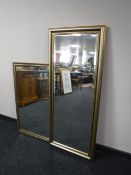 Two gilt framed mirrors and a pine framed mirror
