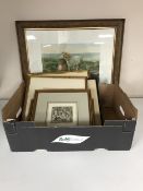 A box of assorted framed pictures and prints including a Tom Whitehead picture - Ballet scene,