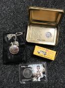 A reproduction 1914 Christmas tin together with pocket watch, die cast car etc.