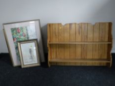 A pine wall mounted plate rack together with four framed pictures to include B Swan watercolour -