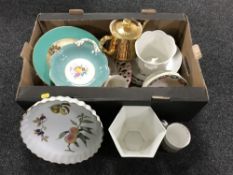 A box of Coalport cabinet plates, Meakin studio china, flan dishes, planters,