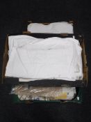 Three boxes of table cloths, damask cloths, vintage shawls, lace, petticoat,