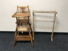 An early 20th century adjustable high chair and a towel rail