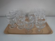 A tray of cut glass sundae dishes, Royal Stuart sherry glasses,