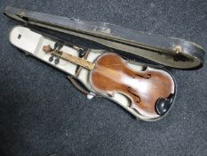 A violin and bow in case CONDITION REPORT: Back is 14