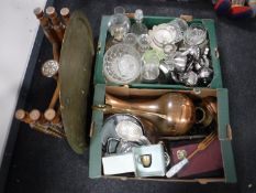 Two boxes containing a folding brass topped table, copper jug, assorted glassware,