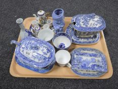 A tray of antique blue and white china, Chinese style bottle vase, miniature commemorative china,