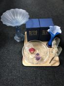 A tray of 1920's blue glass comport, boxed Royal Scott crystal glass,