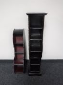 Two sets of CD storage shelves in the form of a piano keyboard and a cello case