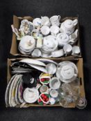 Two boxes containing continental figures, Royal Doulton Minerva dinner ware, wall plates,