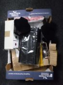 A box containing jewellery boxes and jewellery stands