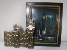 An early twentieth century framed picture clock depicting Big Ben and Westminster Abbey together